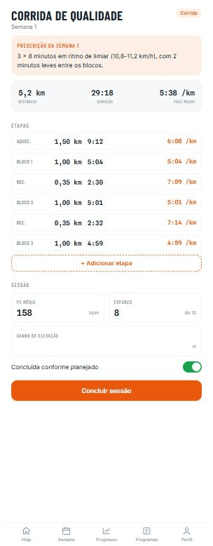 Tela de corrida do Auto Coach com prescrição da semana, etapas com pace derivado por bloco e esforço percebido