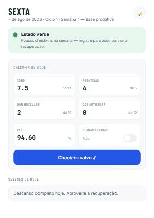 Tela Hoje do Auto Coach com check-in diário de sono, cansaço, dores e peso, e semáforo de autorregulação verde