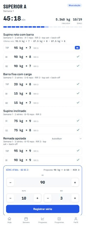 Tela de execução de treino do Auto Coach com cronômetro, tonelagem ao vivo, séries registradas e recorde pessoal